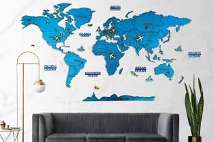 ELK 3D Wooden World Map Wall Decor Metallic Blue Color
