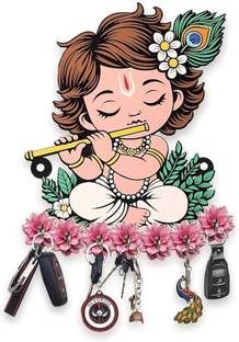 Ghar Gallary Premium Wooden Cute Krishna Key Holder – Wall Mounted Key Hanger for Home Decor