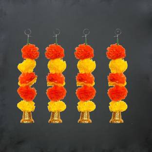eCraftIndia Artificial Marigold Flower Garland with Bells Wall Hanging (Pack of 4) Pack of 4