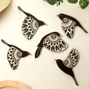 shashank Wooden 3D 5 Pieces Birds on Rope Wall Art Panel, Wood Bird Folk Art Wall Hanging