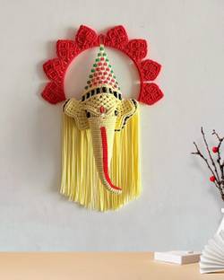 Kasba Macrame Wall Hanging | Handmade | Red & Light Yellow | 2.5 feet | Shri Ganesha