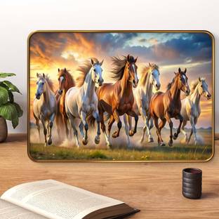 saf 7 Running Horses Sparkle Glossy Round Golden Framed Large Painting Digital Reprint 13.5 inch x 19.5 inch Painting