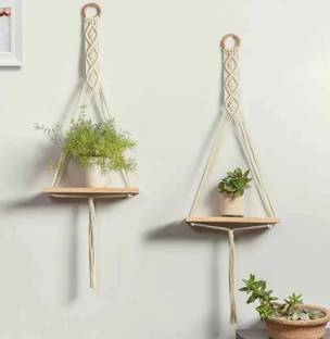 ONEDEEP Macrame Hanging Shelves, Wooden Wall Shelves with Handmade Woven Hanger Pack of 2
