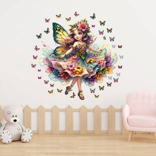 CRYPTOFENO A FAIRY WITH BATTERFLIES SELF ADHESIVE WALL STICKER ( PACKED OF 1 )