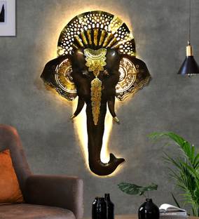 Indraj Premium Craft Antique Finish Metal Elephant Face With LED Lights Wall Art Decor, Living Room
