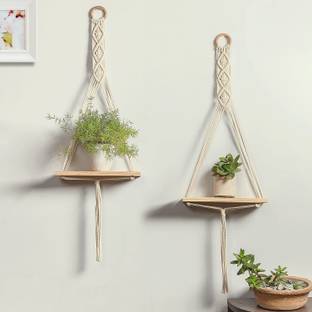 RAKANO Macrame Wall Shelf Pure Cotton Cord Pine Wooden Hanging Floating Shelves Pack of 2