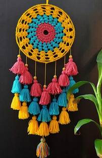 AriseDecor Handcrafted Yellow-Sky Blue-Red Tasseled Crochet Dream Catcher