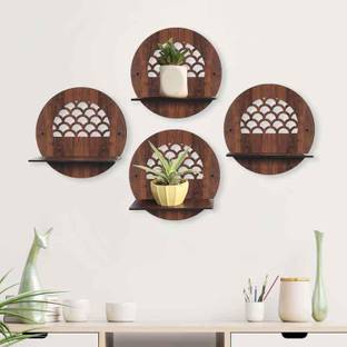 crystalsign Round Design Pot Stand Set of 4 Piece Wooden Wall Hanging for Home Office Decor