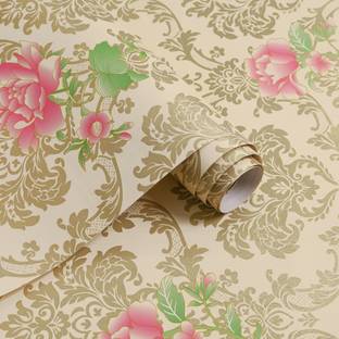 Anna Stella 304.8 cm Gold Rose Damask Waterproof Wallpaperr for Royal Looking (304.8 x 45.72 cm) Self Adhesive Sticker