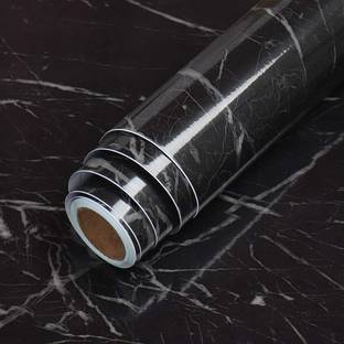 IKK TRADERS 200 cm Glossy Marble Paper Black Roll Kitchen Furniture is Renovated Thick Wallpaper Self Adhesive Sticker