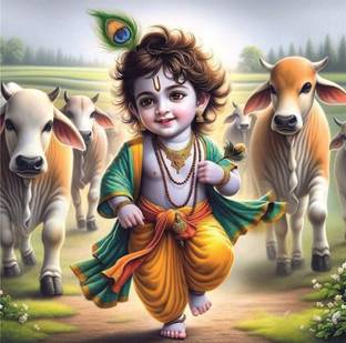 Shree Bal Krishna Running With Cow Devotional God Wall Poster For Pooja Room,Office,Bedroom,Living Room (Size -45 Cm X 45 cm) 3D Poster