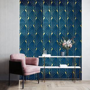 Veki Floral & Botanical Blue, Gold Wallpaper
