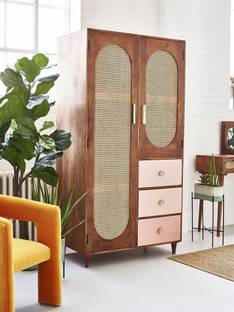 Shagun Arts HEXA Rattan Cane Webbed Solid Sheesham Wood Wardrobe Closet With Custom Divider| Solid Wood 2 Door Wardrobe