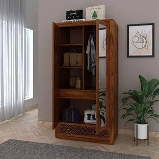 Ganpati Arts Sheesham Wood Jodhpur Storage Wardrobe with Mirror and 3 Drawers for Living Room Solid Wood 2 Door Wardrobe