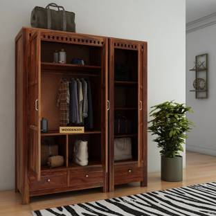 WOODENJOY Solid Sheesham Wood wardrobe With 3 Drawer Storage Solid Wood 3 Door Wardrobe