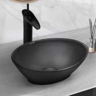 Plantex Ceramic Basin for Bathroom/Table Top Ceramic Basin/Washbasin for Bathroom (BOAT-NS-BLACK-Marble Finish) Counter Top