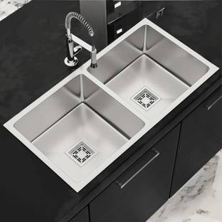 chirag 37x18x10 Kitchen Sink 37 Inches Double Bowl Handmade SS304 Stainless Steel Sink CKS3718M | Extra Heavy | Nano Coating | Premium Finish | Double Bowl Vessel Sink