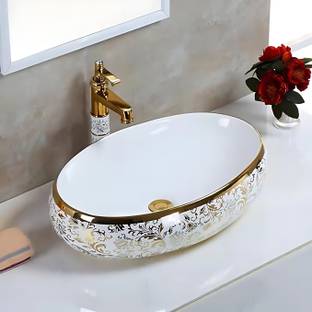 LOFINA Premium Designer Table Top Counter Top Golden Wash Basin Gold Ceramic Wash Basin G-2203(L61 X W43 X H14Cm) Very Stylish Bathroom Golden Ceramic Wash Basin Table Top Basin