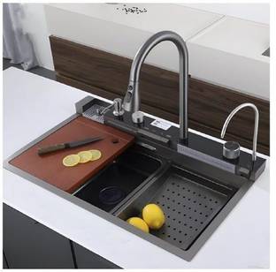 S R Internationals 5 button Waterfall Kitchen Sink with Digital Display-30x18x10 in Stainless Steel anti Scratch Kitchen Sink with Cup washer & Drain Baskets Under Counter Basin