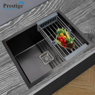 Prestige ( 24"x18"x10") HANDMADE MATT FINISH SINGLE BOWL STAINLESS STEEL KITCHEN SINK (BLACK) with Waste Coupling And Drain Basket , Vessel Sink (Black) Vessel Sink