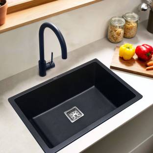 RUHE Quartz Single Bowl 24x18x9 inches Kitchen Sink| Black Matte Finish 12.5mm Thick Black Quartz Single Bowl Kitchen Sink (24” x 18” x 9”) Top Mount