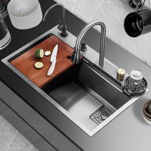 SARCOFT Waterfall 24x18x10 Kitchen Sink ANTI SCRATCH HONEYCOMB DESIGN Waterfall & Pull-down Faucet Set Stainless Steel Sink Cup washer_04 Vessel Sink