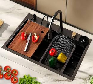 Q-IMAGE Multifunctional Waterfall Kitchen Sink 304 GRADE All in One 30x18 inch 304 Grade Waterfall Kitchen Sink Vessel Sink