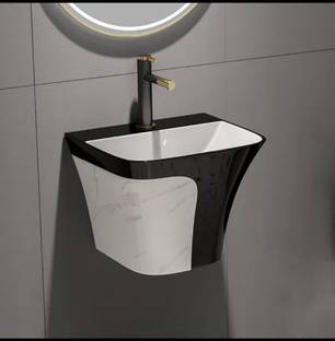 D O T HB :014 Premium Quality Designer Ceramic Shining Black Semi Pedistal Wash Basin With White Marble Finish Wall Hung Basin