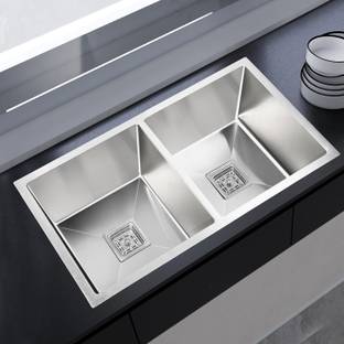 chirag 32x18x10 Kitchen Sink 32 Inches Handmade Double Bowl, SS304 Stainless Steel Sink CKS3218DB | Extra Heavy | Extra Premium| Double Bowl | Vessel Sink