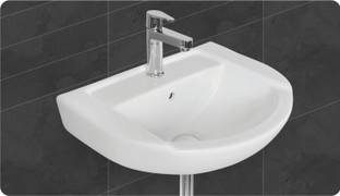 Vardhman Ceramics Wall Hung Mounted Wash Basin White Color Glossy Finish for Bathroom Size 18 x 14 x 7 Inch Wall Hung Basin