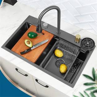 Allwinsink Sink of kitchen 30x18x9 INCH, Kitchen Sink With In-build Pull-Down Faucet and Anti Scretch Nano Black Stainless Steel Multi Functional Kitchen Sink Vessel Sink