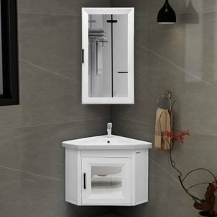 Plantex Wall Mount Vanity Cabinet with Washbasin and Mirror/Corner Basin Waste Coupling/Cabinet for Bathroom Organizer - (406, White) Wall Hung Basin
