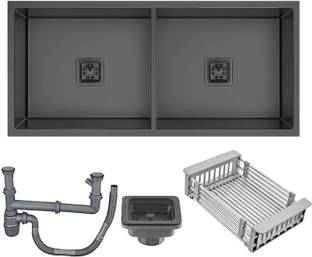 MESSINA SOUND PROOF HANDMADE KITCHEN SINK (37"×18"×10") DOUBLE BOWL MATT FINISH BLACK Vessel Sink