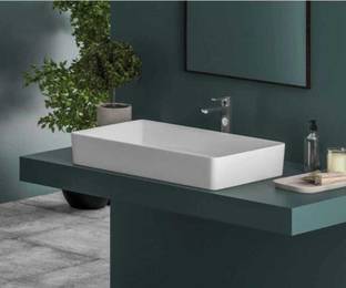 NEXIS Premium Designer Ceramic Wash Basin with Waste Pipe & Coupling set (24X14X5 ) 24X14 WHITE Table Top Basin
