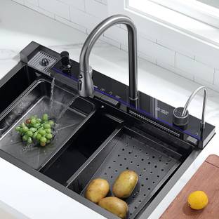 Q-IMAGE Digital Display LED Panel Kitchen Sink, All in One 30X18X9 INCH Led Lights with Digital Display Screen 5 Piano Key Switch Sink 30X18 Inch Under Counter Basin