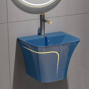 D O T Premium Quality (HB :026 )Designer Ceramic Shining Royal Blue Semi Pedistal Wash Basin With Yellow Finishing Line Wall Hung Basin