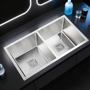 chirag 32x18x10 Kitchen Sink 32 Inches Handmade Double Bowl, SS304 Stainless Steel Sink CKS3218DB | Extra Heavy | Extra Premium| Double Bowl | Vessel Sink