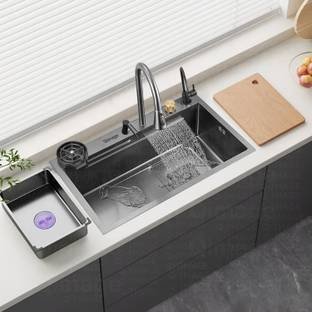 Q-IMAGE Kitchen Sink 304 Ss Heavy Body Modular Sink With Waterfall Pull Down Faucet Single Bowl Sink With All Accessories (Nano Black) (30 X 18 X 9 Inches), Matt Vessel Sink