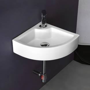 META LENGO-421 Corner Wash Basin For Bathroom White Glossy Finish 16.5X15X4.5inch Corner Basin Counter Top