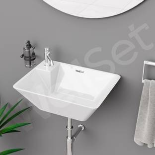 Well Set Luxury Ceramic Wash Basin with Marble Finish | Stylish Countertop Sink for Bathroom & Vanity | Modern Rectangle Design (L26.5xW38xH12.5Cm) Wall Hung Basin