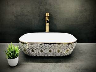 DELTA Premium Imported Designer Ceramic Wash Basin Matt Finish(Golden Square Design) (18x13x5)(Golden Square Line Design) Table Top Basin