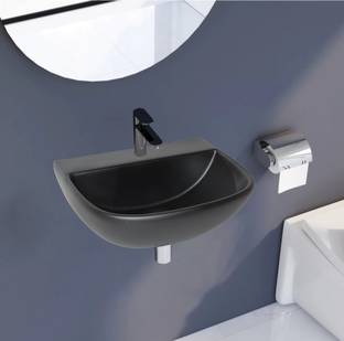 MOZATO (16*12*5) inch black matt finish attractive ceramic wash basin / (40*32*14) cm very beautiful black color ceramic wall hung basin / Wall Hung Basin