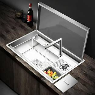 S R Internationals Stainless Steel Silver Matte Finish Kitchen Sink (36 X 20 X 9 Inch) Stainless Steel Silver Matte Finish Kitchen Sink with Cup washer & Drain Baskets Top Mount
