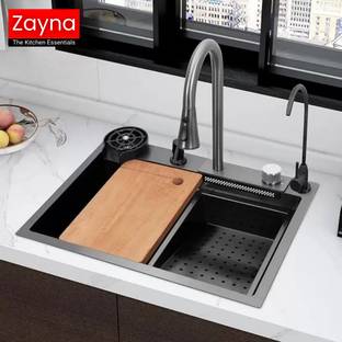 Zayna 24X18 Waterfall Kitchen Sink (304 Grade) With Pullout Waterfall Faucet & Glass Washer & Soap Dispenser & RO Water Faucet (Anti-Scratch) (Anti-Stain) Vessel Sink