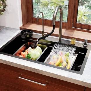 QUALITO 24x18 Multifunction Sink Water Outlet Pull Out Faucet Waterfall Sink Anti Scratch Honey Comb Design Smart Sink with Automatic Cup Washer Under Counter Basin