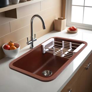 RUHE Premium 14mm Thick Choco Brown Quartz Single Bowl Kitchen Sink |31x19x9 inches| Natural Choco Brown Granite Stone Matt Finish Vessel Sink Vessel Sink