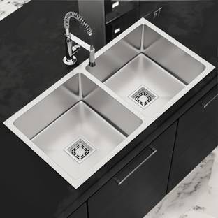 chirag 37x18x10 Kitchen Sink 37 Inches Double Bowl Handmade SS304 Stainless Steel Sink CKS3718M | Extra Heavy | Nano Coating | Premium Finish | Double Bowl Vessel Sink