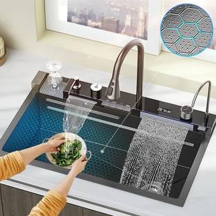 Q-IMAGE 30x18x9 Inch Anti Scratch Kitchen Sink , Multifinction Sink, 5-Piano Switch Waterfall and Pull-down Faucet And Accessories Digital Display Vessel Sink