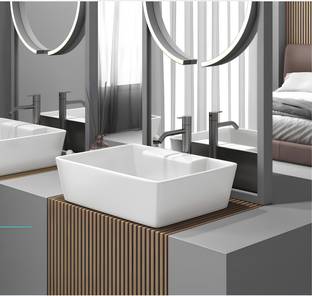 Bleu Bathware Amy(57.5x39.5x12)cm Anti Germs Modern Minimalistic Ceramic table top, Counter top, Washbasin with waste pipe & Coupling Set Table Top Basin