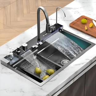 SARCOFT 30x18x10 Digital Display LED Panel, Integrated Waterfalls & Pull Down Faucet Multi-functional Sink Dual Waterfall Kitchen Sink/304 Grade Sink_01 Vessel Sink